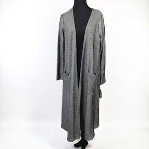 Lularoe Sarah Duster Cardigan Striped Pockets Silver Black Open Front Medium NWT